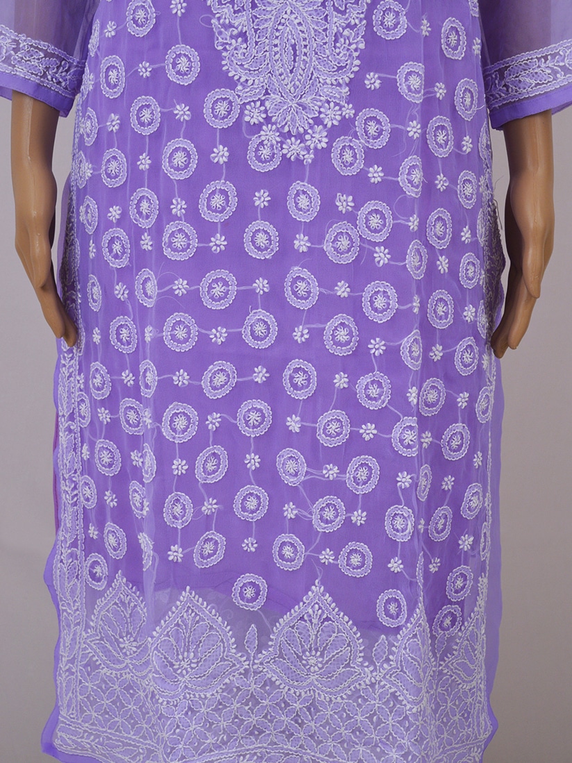 Shyamal Chikan Hand Embroidered Lavender Muslin Lucknowi Chikankari Ku