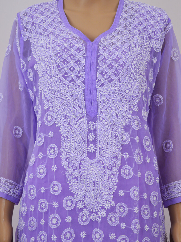 Women Purple Colour Lucknowi Chikankari Ring Jaal Kurti - Front Mid Close