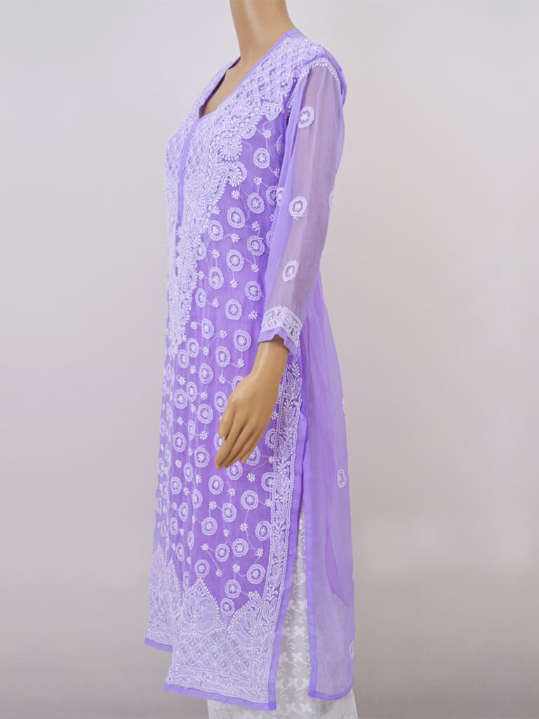 Women Purple Colour Lucknowi Chikankari Ring Jaal Kurti - Side Full
