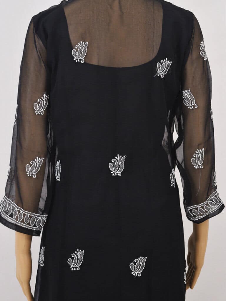 Women Black Lucknowi Chikankaari Palti Boti Georgette Kurti - Back Close