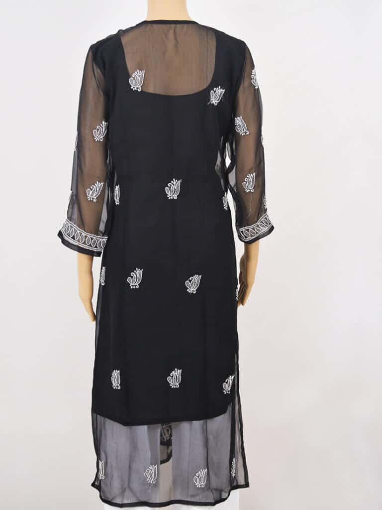 Women Black Lucknowi Chikankaari Palti Boti Georgette Kurti - Back Full