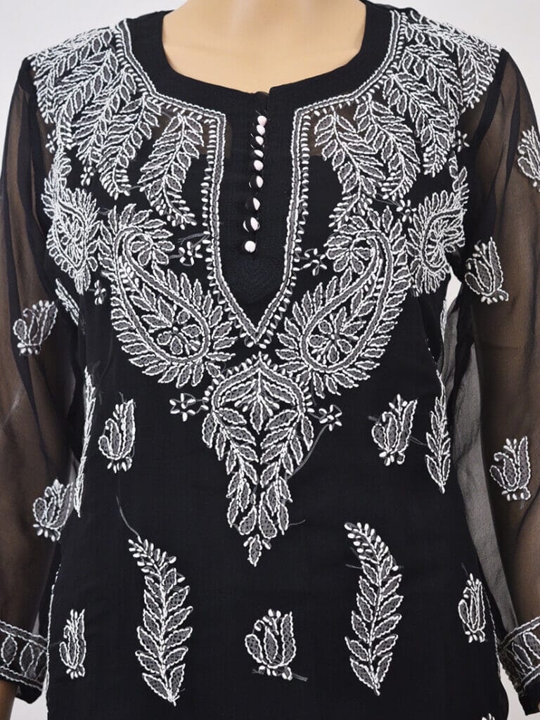 Women Black Lucknowi Chikankaari Palti Boti Georgette Kurti - Front Close