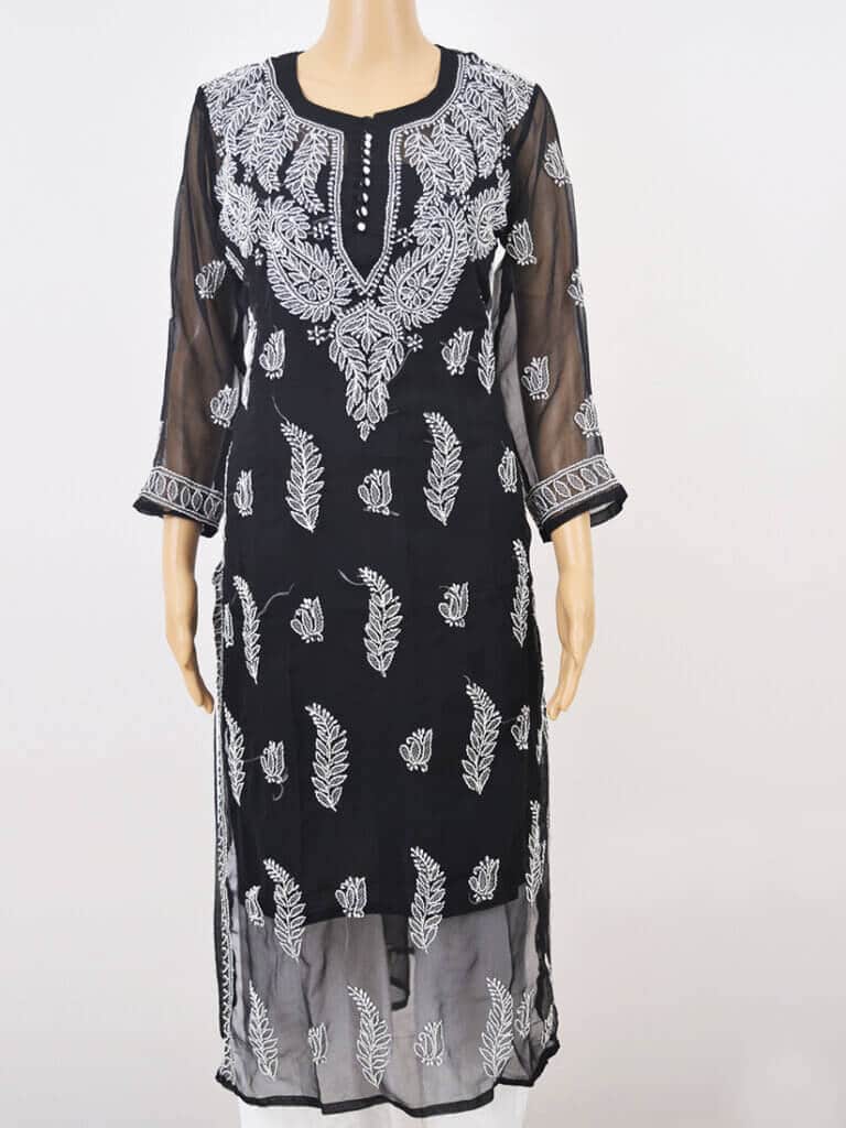 Women Black Lucknowi Chikankaari Palti Boti Georgette Kurti - Front Low