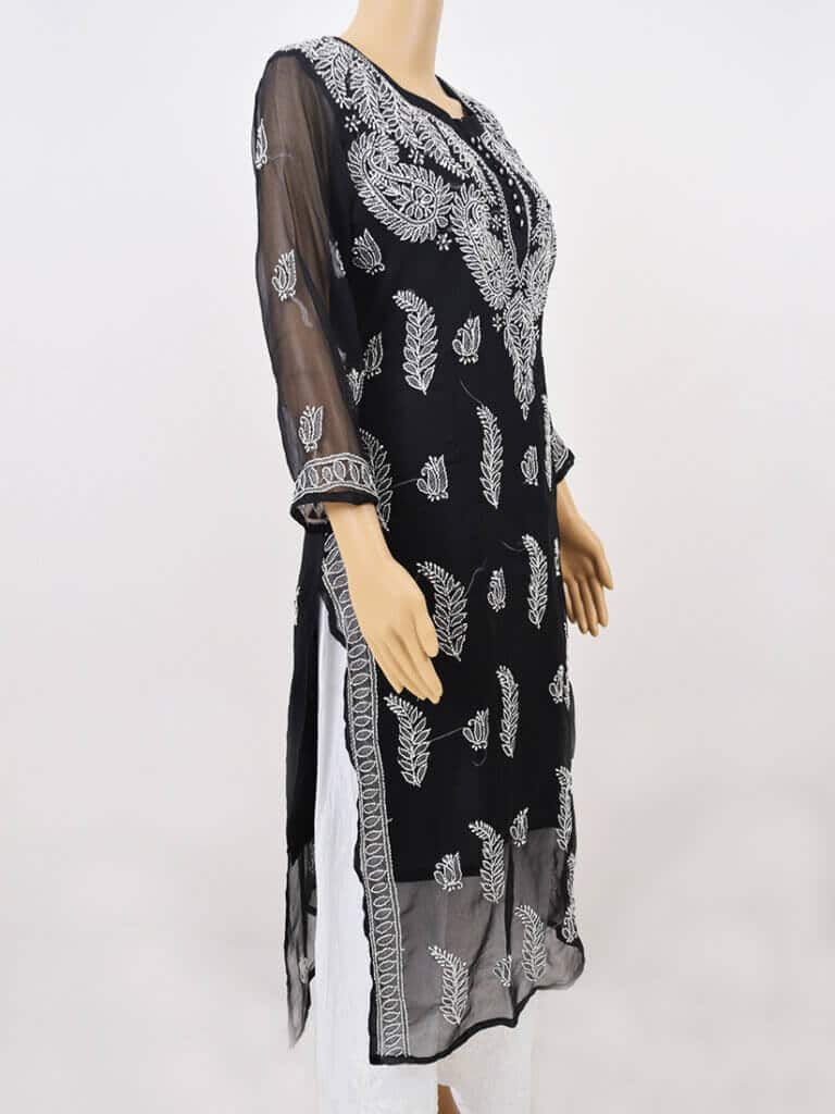 Women Black Lucknowi Chikankaari Palti Boti Georgette Kurti - Side Full