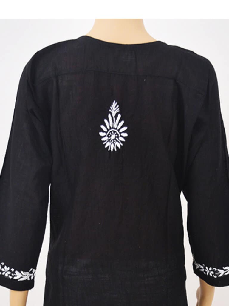 Women Black And White Paisley Chikankari Hand Embroidery Cotton Kurti - Back Close