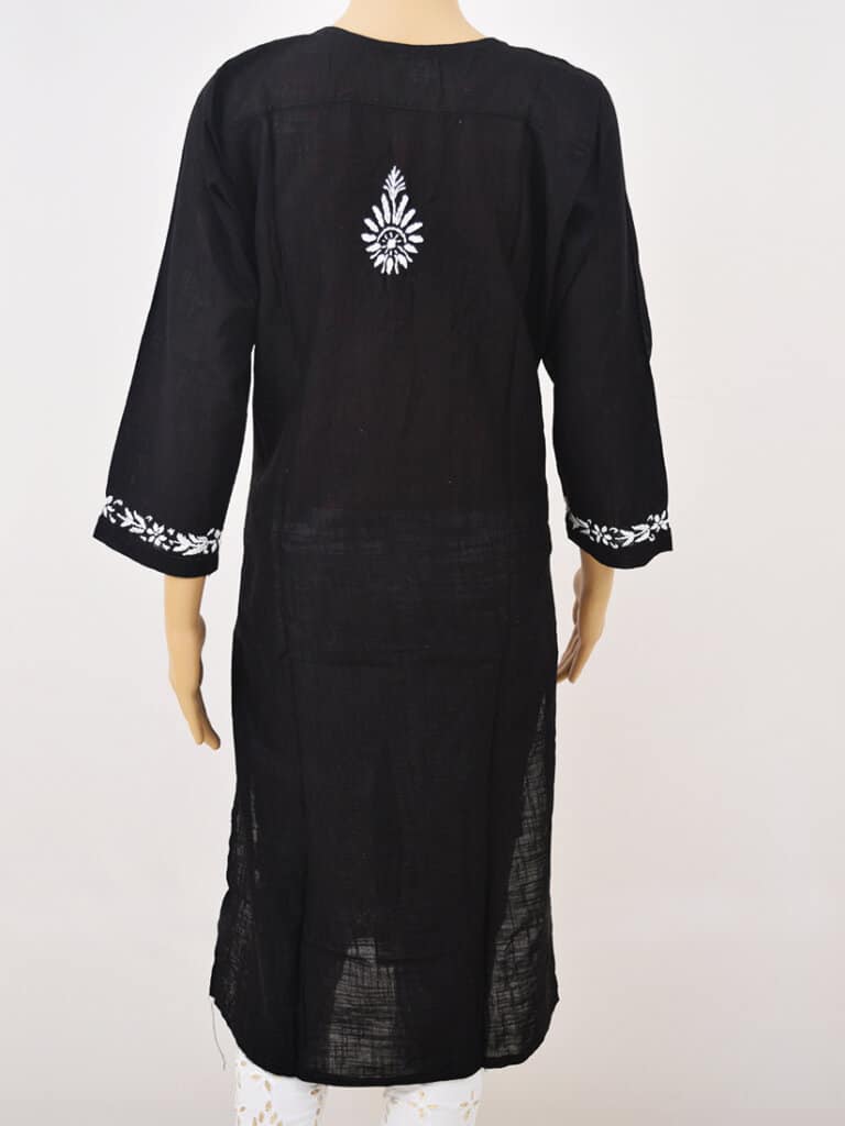 Women Black And White Paisley Chikankari Hand Embroidery Cotton Kurti - Back Full