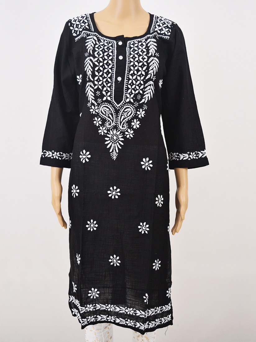 AykezHand Embroidered Black Cotton Lucknowi Chikankari Kurta Kurti For  Womens SCL4160 - Aykez