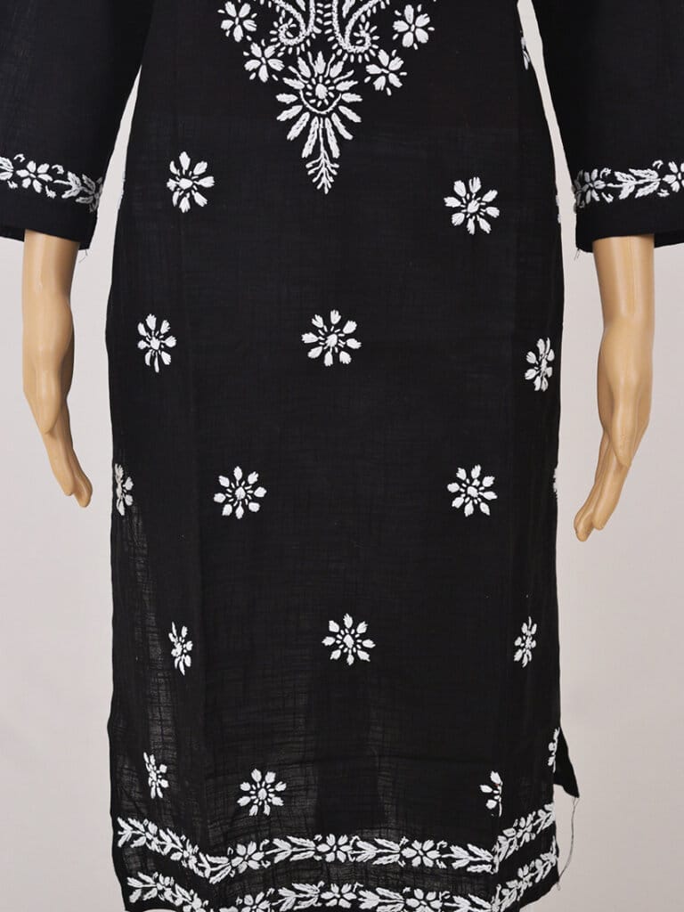Women Black And White Paisley Chikankari Hand Embroidery Cotton Kurti - Front Low