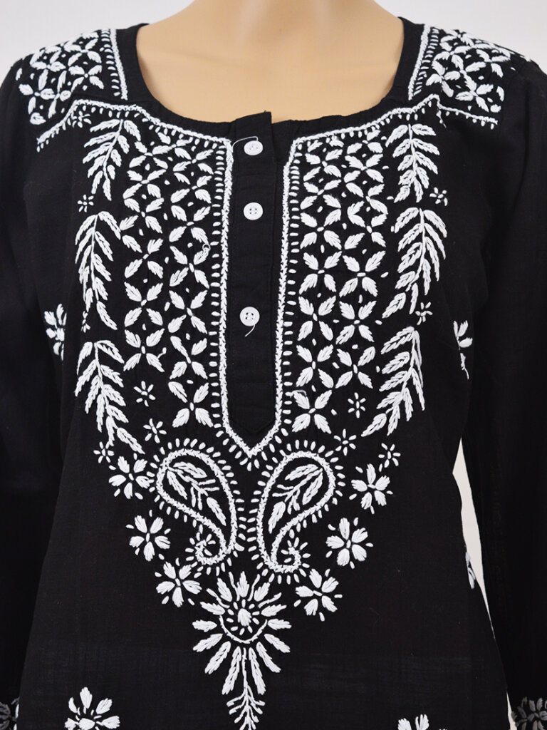 Women Black And White Paisley Chikankari Hand Embroidery Cotton Kurti - Front Mid Close
