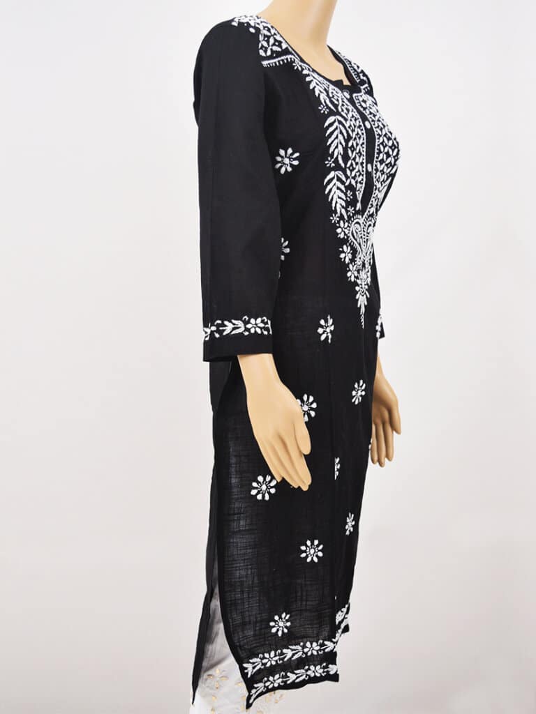 Women Black And White Paisley Chikankari Hand Embroidery Cotton Kurti - Side Full