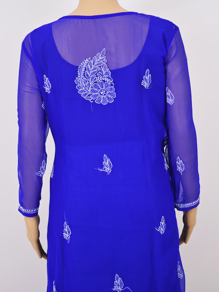 Women Blue And White Embroidery Lucknowi Chikankari Georgette Kurti - Back Close