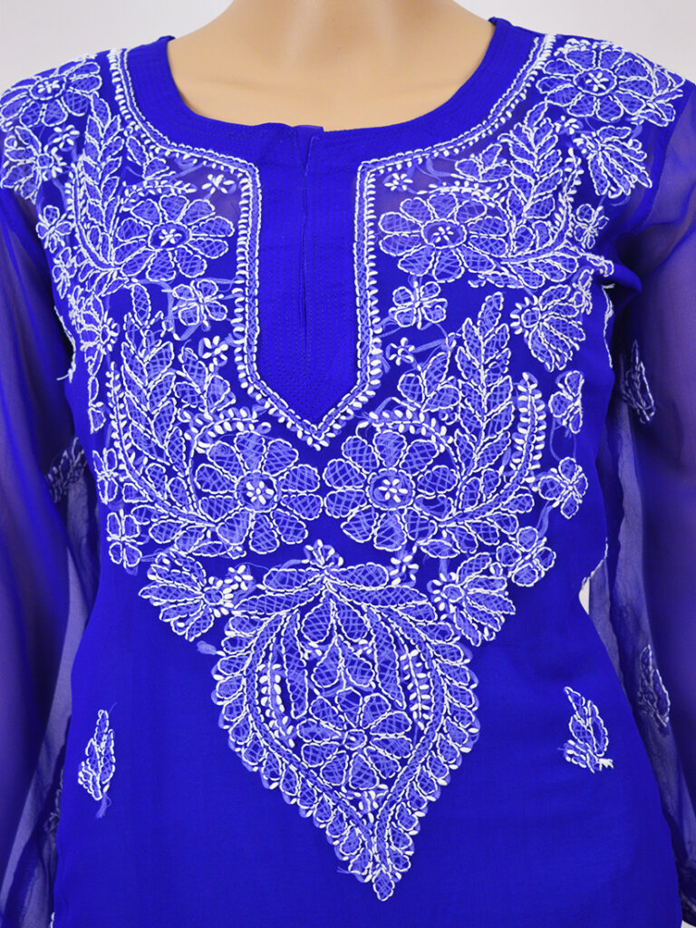 Women Blue And White Embroidery Lucknowi Chikankari Georgette Kurti - Front Close