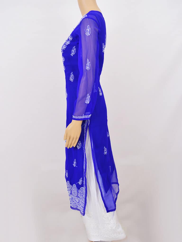 Women Blue And White Embroidery Lucknowi Chikankari Georgette Kurti - Side Pose