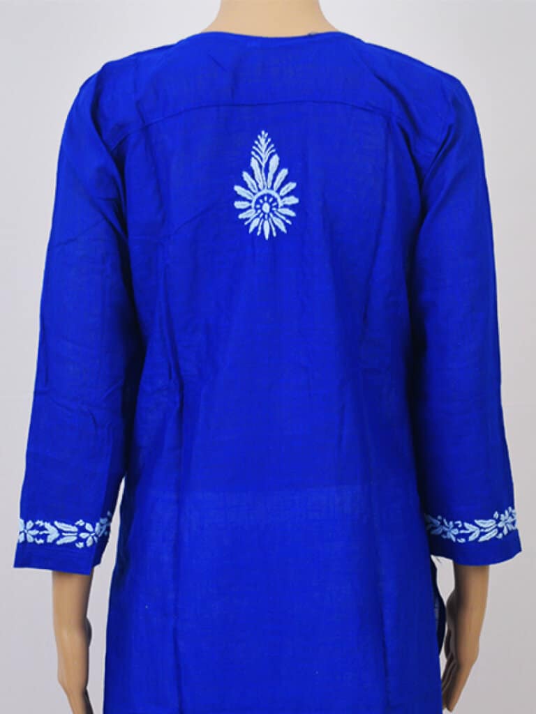Women Blue And White Paisley Chikankari Hand Embroidery Cotton Kurti - Back Close