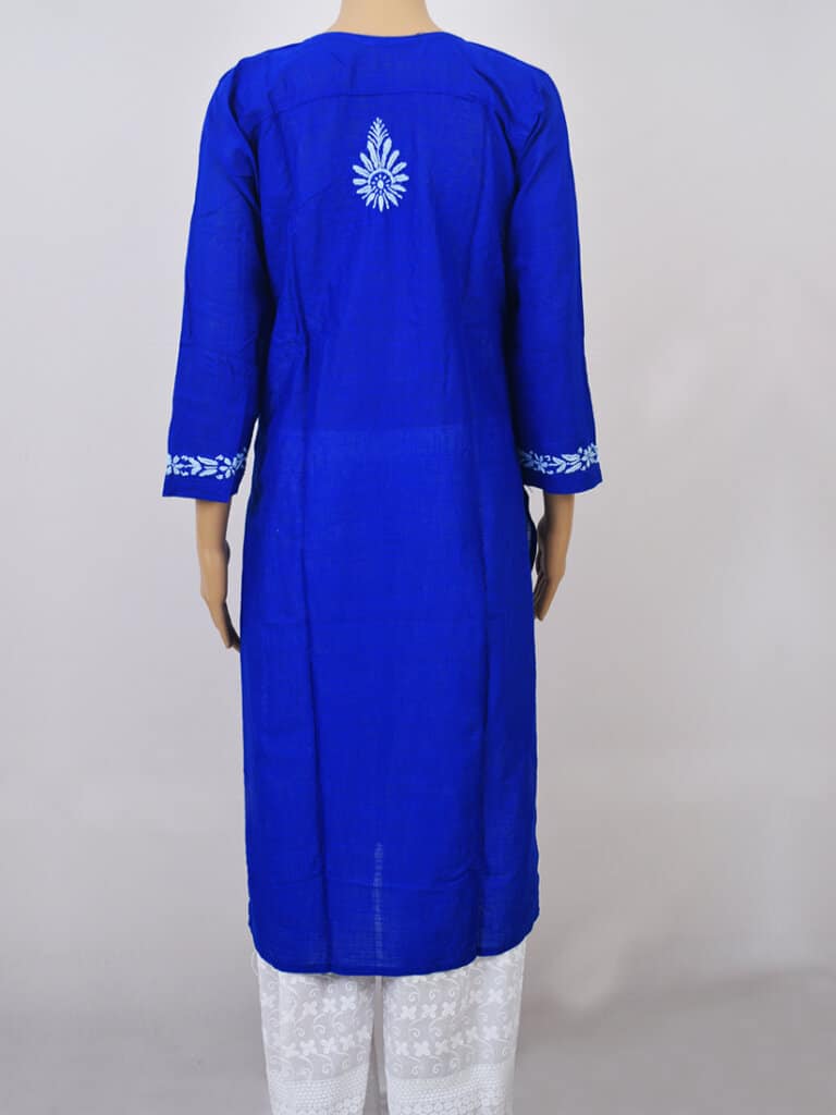 Women Blue And White Paisley Chikankari Hand Embroidery Cotton Kurti - Back Full