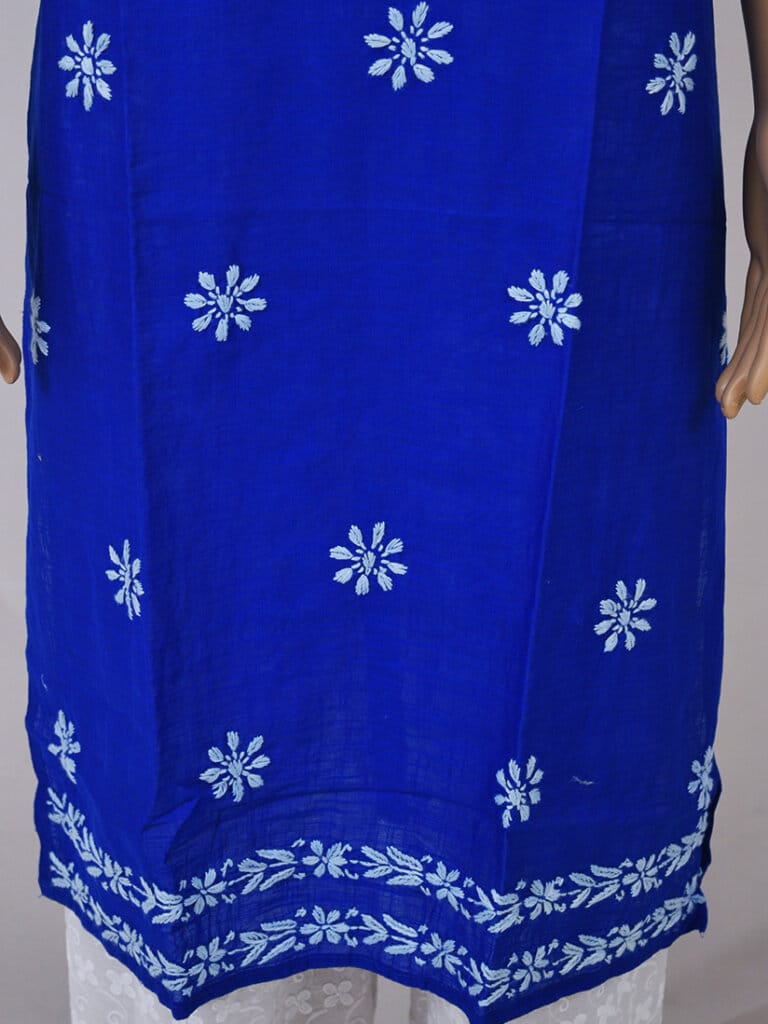 Women Blue And White Paisley Chikankari Hand Embroidery Cotton Kurti - Front Low