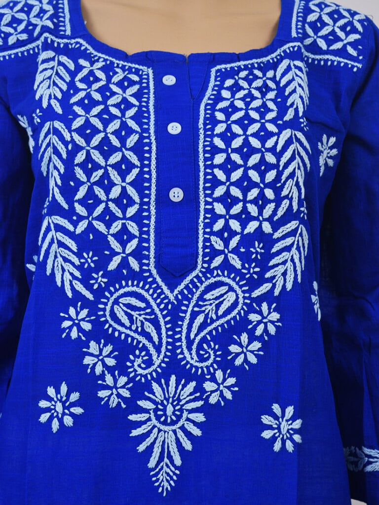Women Blue And White Paisley Chikankari Hand Embroidery Cotton Kurti - Front Mid Close