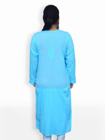 Women Blue Fine Lucknowi Chikankaari with Mukaish Work on Malmal Cotton - Back