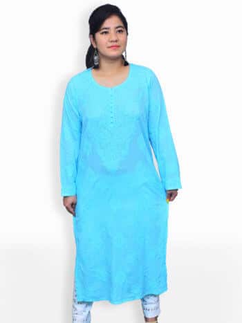 Blue Mukaish Lucknowi Chikankari Party Wear Cotton Kurti - Front