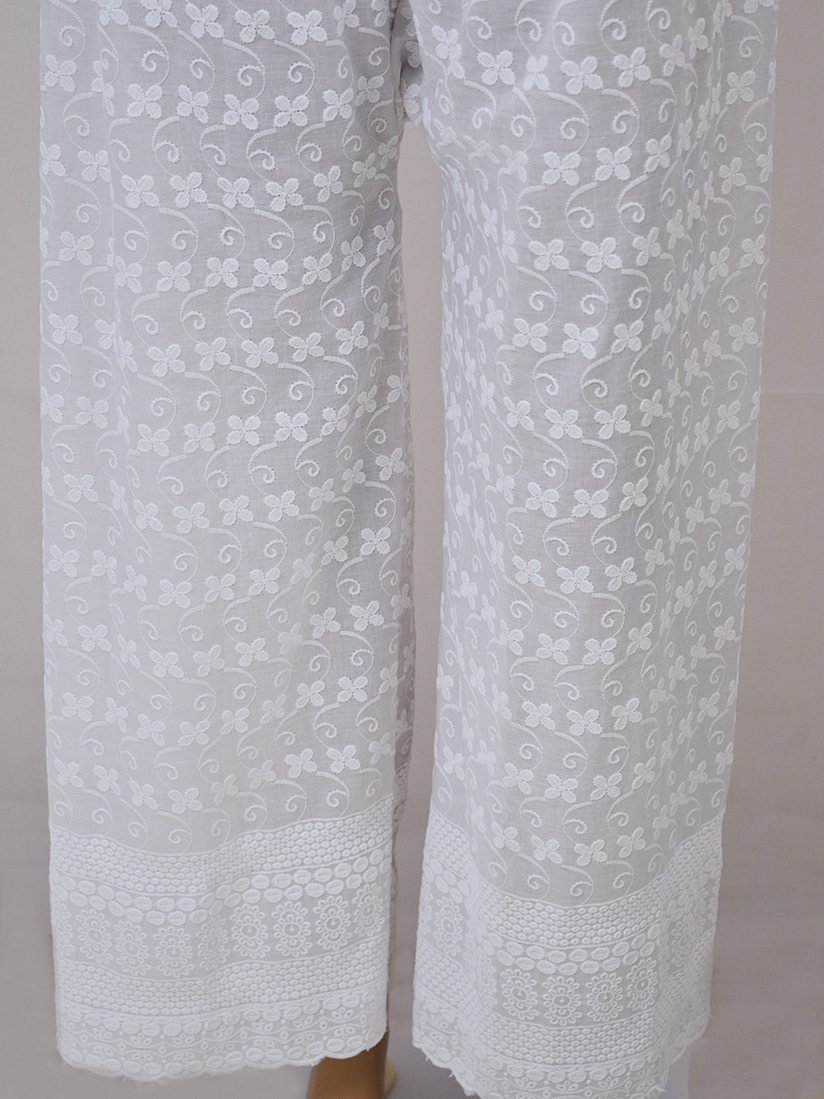Women Chikankaari Embroidered White Straight Palazzo - Front Close