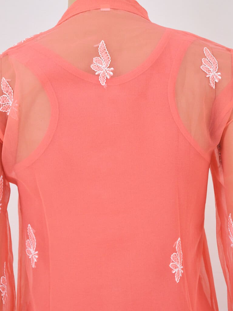 Women Coral Pink Lucknowi Chikankari Front Button Georgette Kurti - Back Close