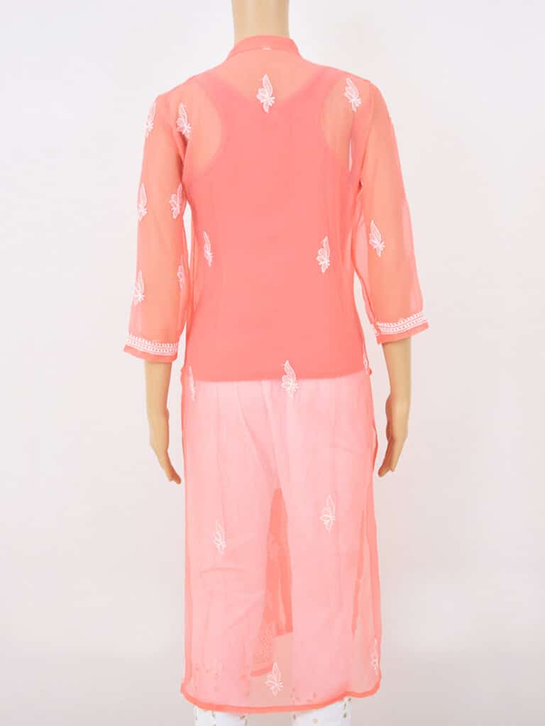 Women Coral Pink Lucknowi Chikankari Front Button Georgette Kurti - Back Full