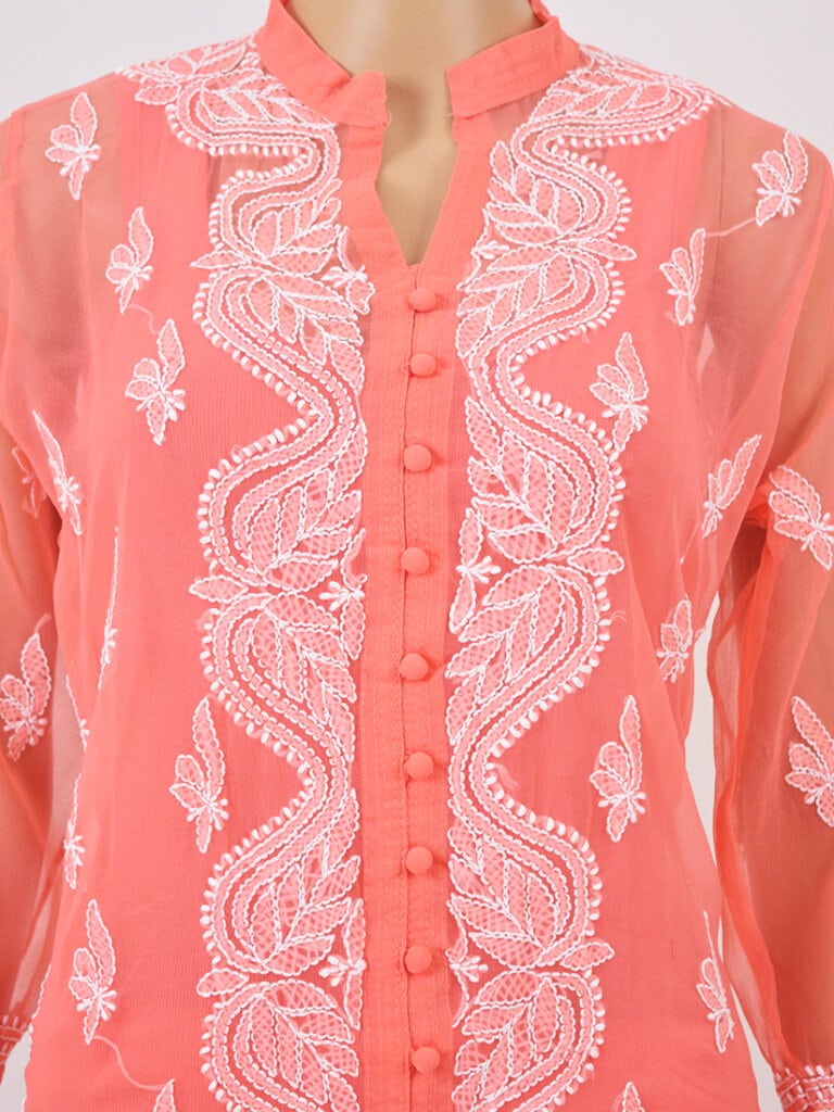 Women Coral Pink Lucknowi Chikankari Front Button Georgette Kurti - Front Mid Close