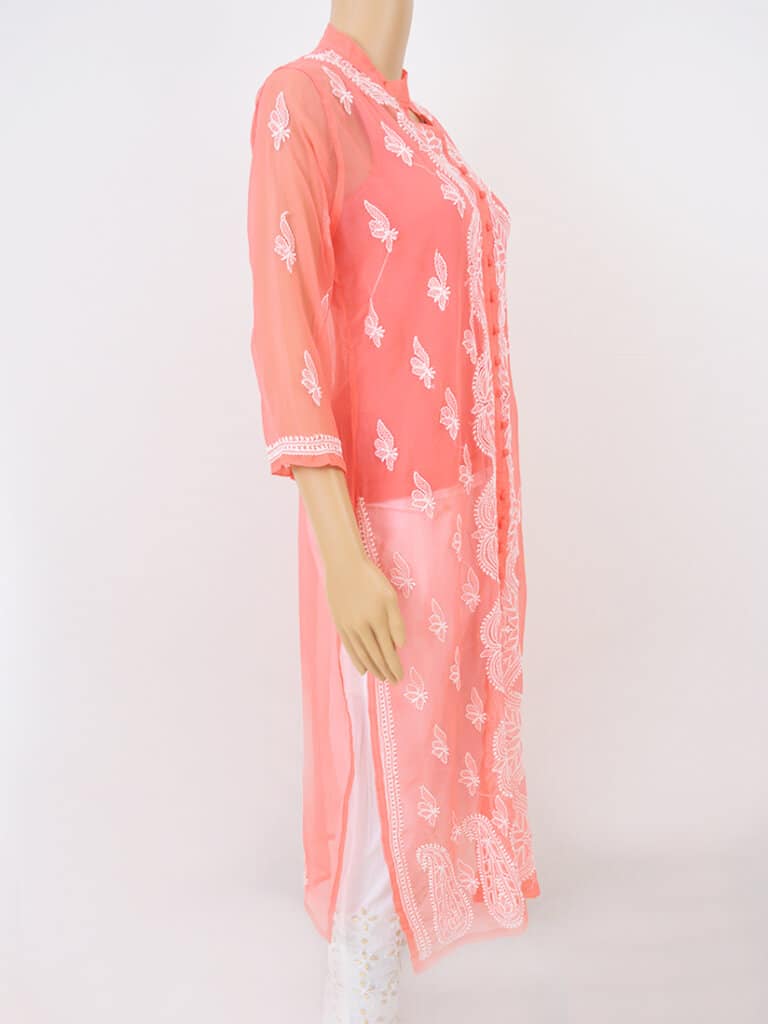 Women Coral Pink Lucknowi Chikankari Front Button Georgette Kurti - Side Full