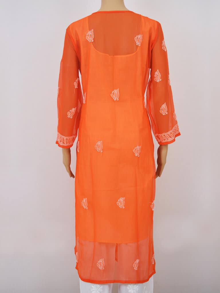 Women Dark Orange Lucknowi Chikankari Palti Boti Georgette Kurti - Back Full