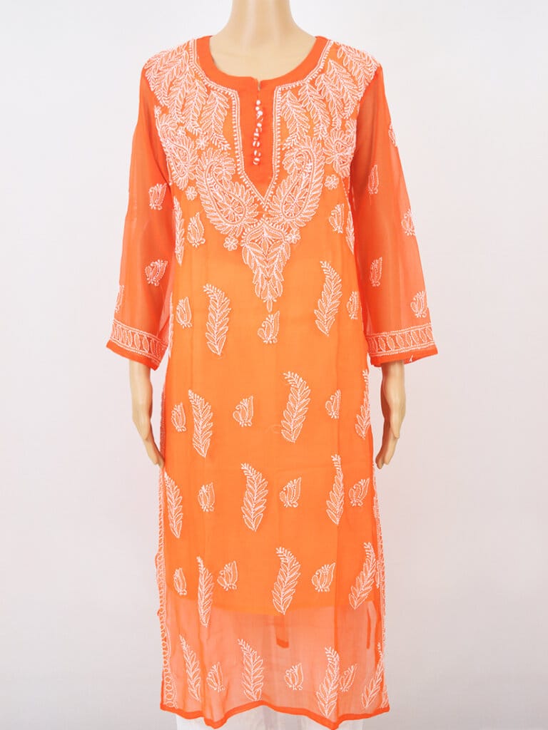 Women Dark Orange Lucknowi Chikankari Palti Boti Georgette Kurti - Front Full