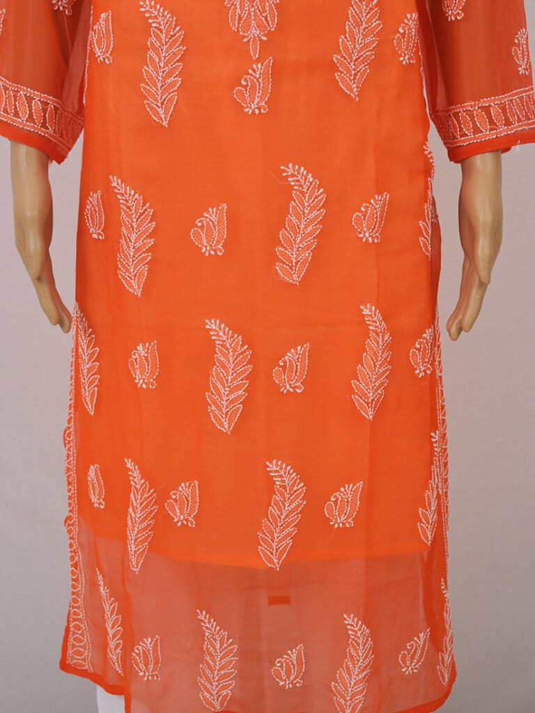 Women Dark Orange Lucknowi Chikankari Palti Boti Georgette Kurti - Front Low