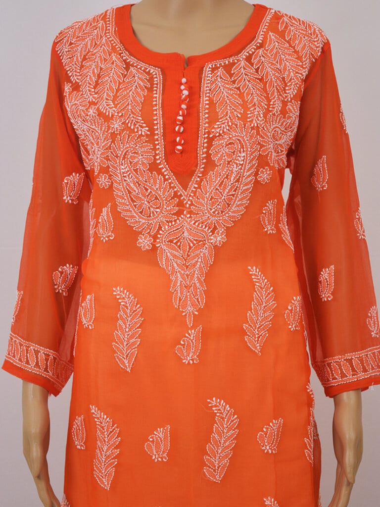 Women Dark Orange Lucknowi Chikankari Palti Boti Georgette Kurti - Front Mid Close