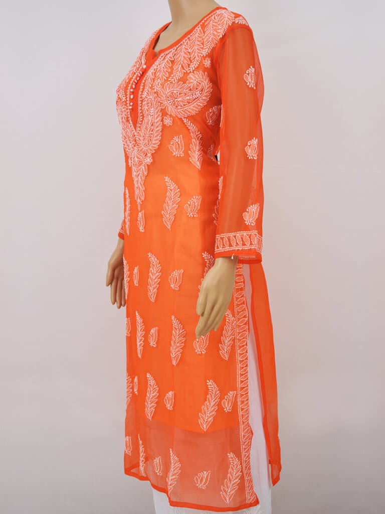 Women Dark Orange Lucknowi Chikankari Palti Boti Georgette Kurti - Side Full