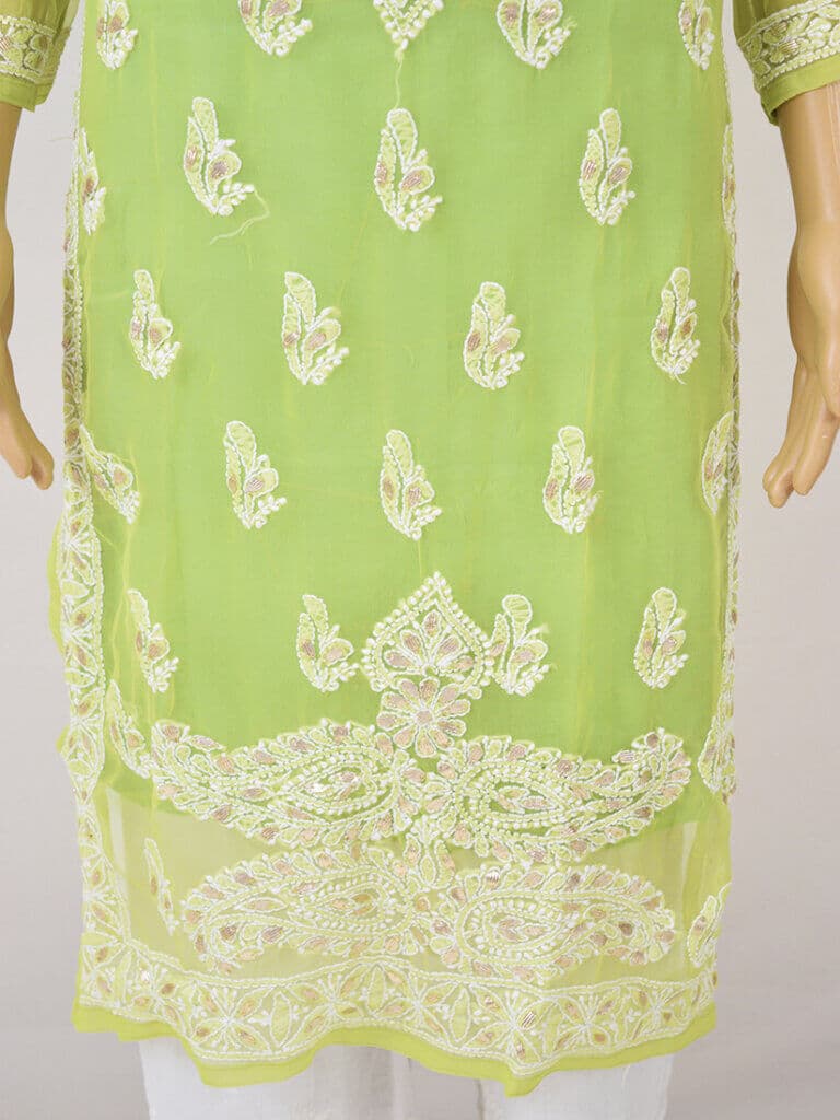 Women Fluorescent Green Lucknowi Chikankari Five Kairi Gota Work Georgette Kurti - Front Low