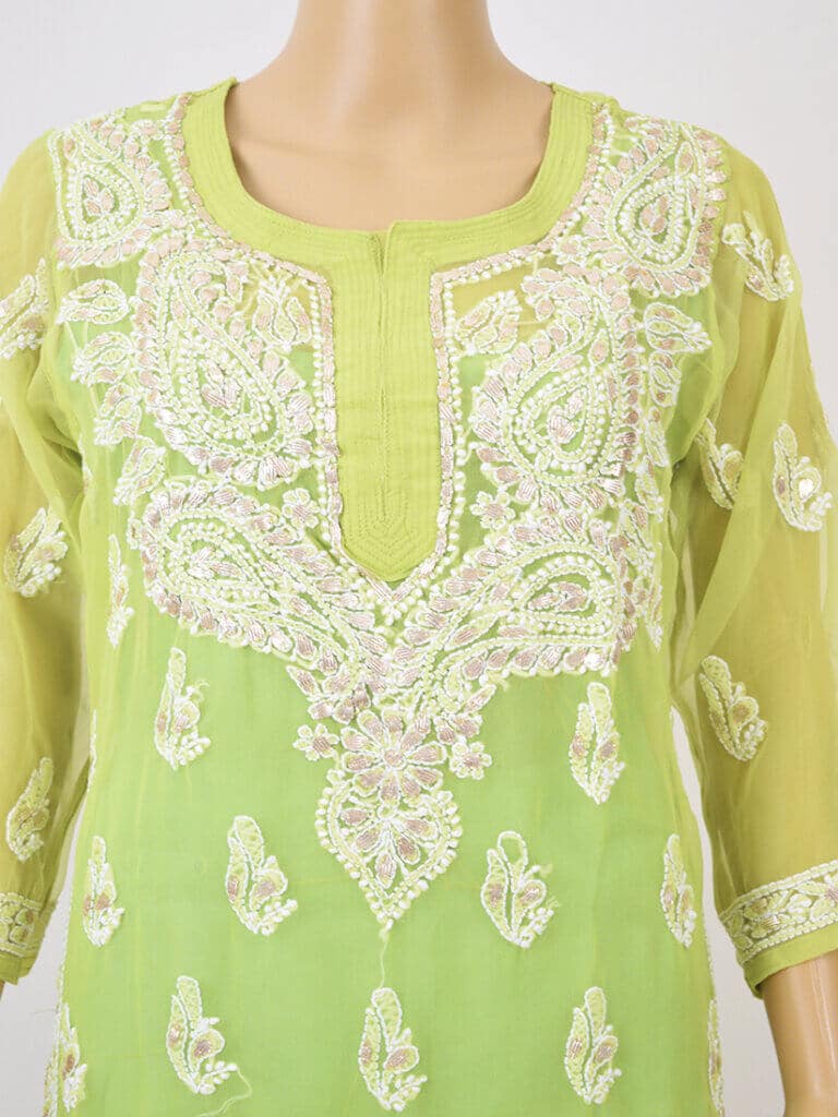 Women Fluorescent Green Lucknowi Chikankari Five Kairi Gota Work Georgette Kurti - Front Mid Close