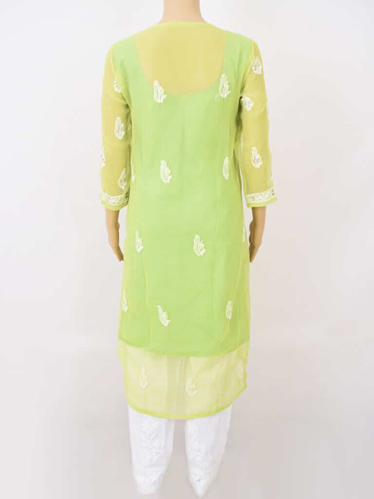 Women Fluorescent Green Lucknowi Chikankari Five Kairi Gota Work Georgette Kurti - Full Back