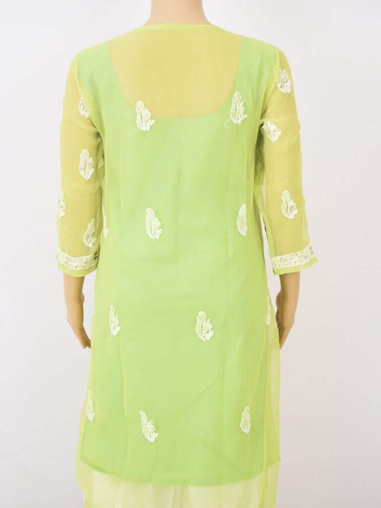 Women Fluorescent Green Lucknowi Chikankari Five Kairi Gota Work Georgette Kurti - Back Close