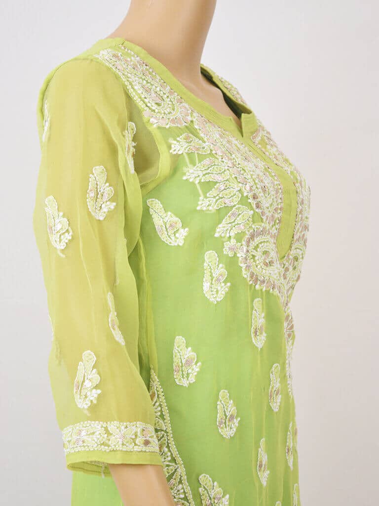 Women Fluorescent Green Lucknowi Chikankari Five Kairi Gota Work Georgette Kurti - Side Close
