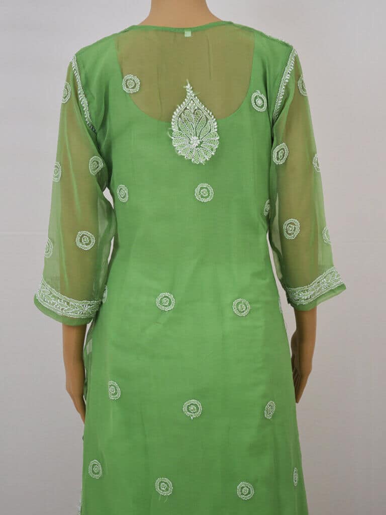 Women Green Lucknowi Chikankari Ring Jaal Kurti - Back Close