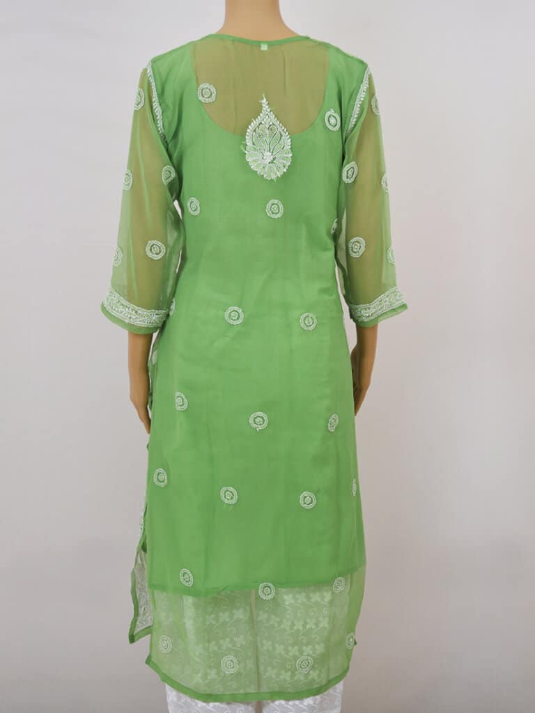 Women Green Lucknowi Chikankari Ring Jaal Kurti - Back Full