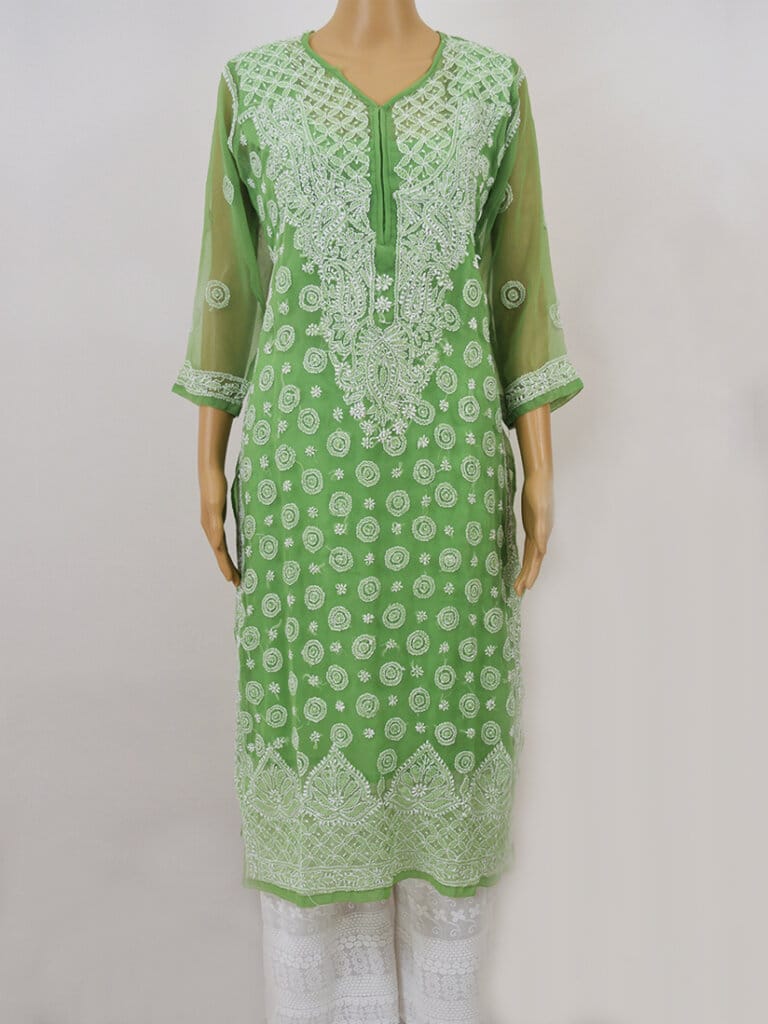 Green & White Ring Jaal Lucknowi Chikankari Casual Georgette Kurti - Front Full