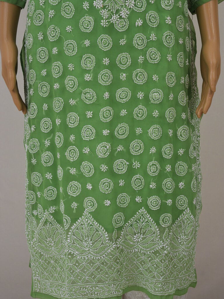 Women Green Lucknowi Chikankari Ring Jaal Kurti - Front Low