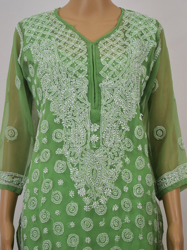 Women Green Lucknowi Chikankari Ring Jaal Kurti - Front Mid Close