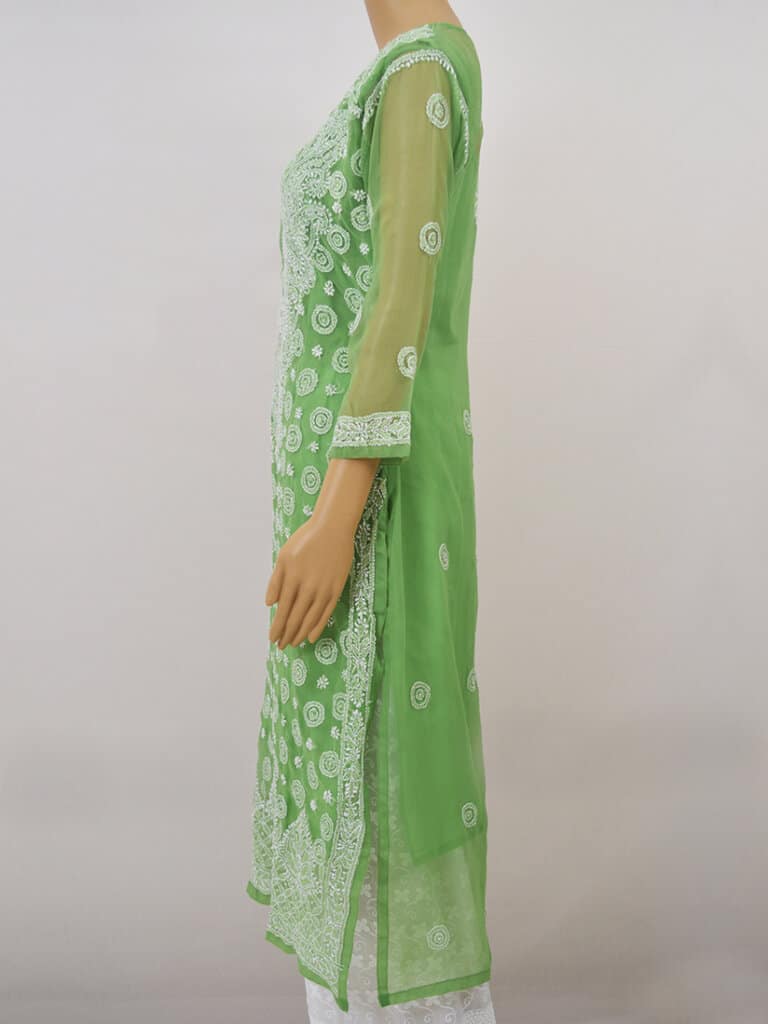 Women Green Lucknowi Chikankari Ring Jaal Kurti - Side Full