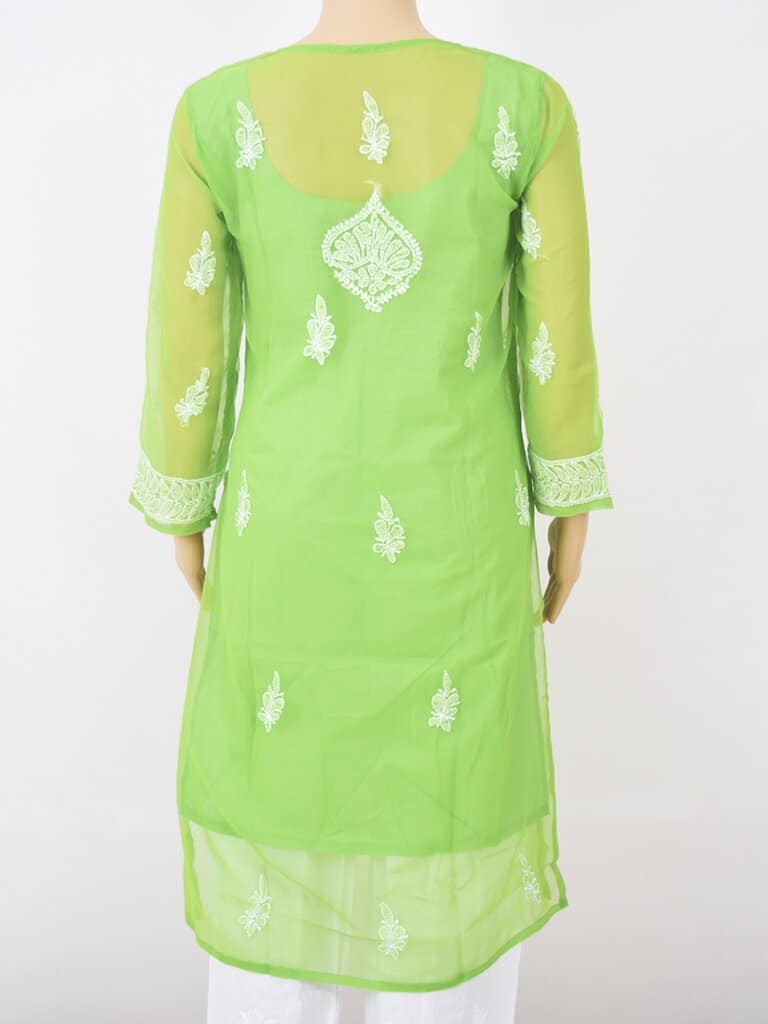 Women Green Lucknowi Chikankaari Gala Boti Georgette Kurta - Back Full