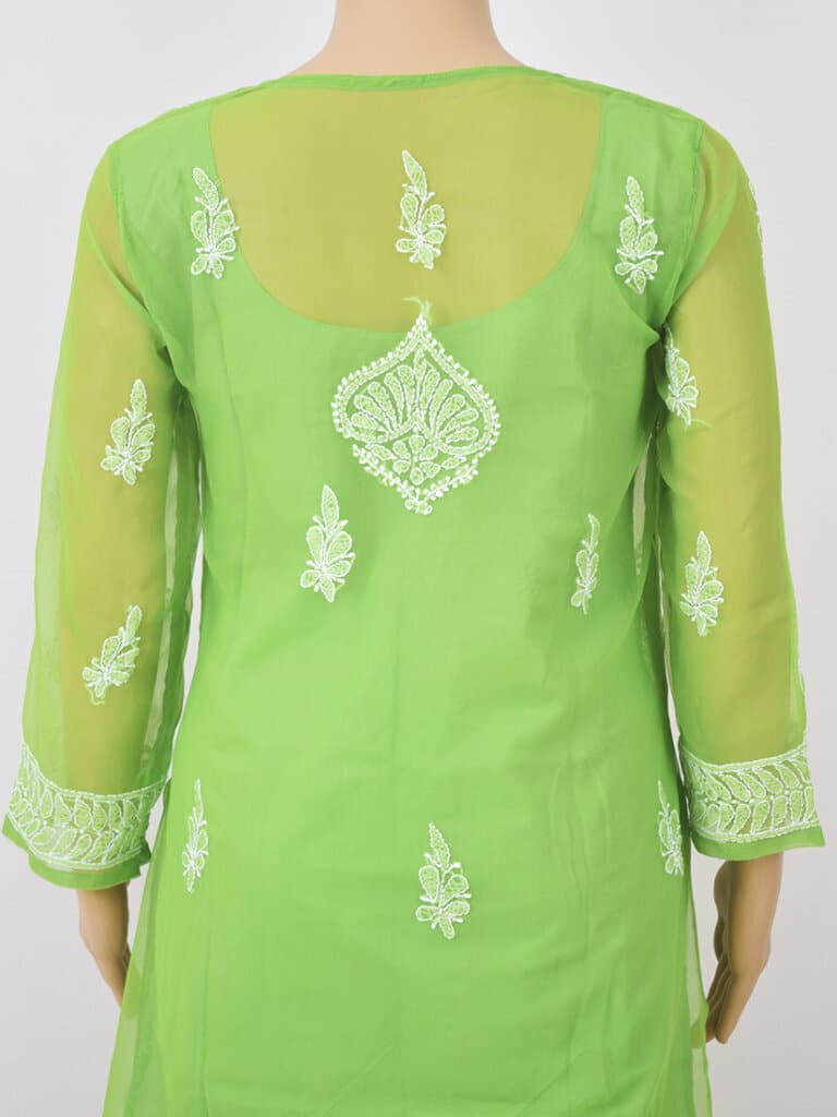 Women Green Lucknowi Chikankaari Gala Boti Georgette Kurta - Back Full Close