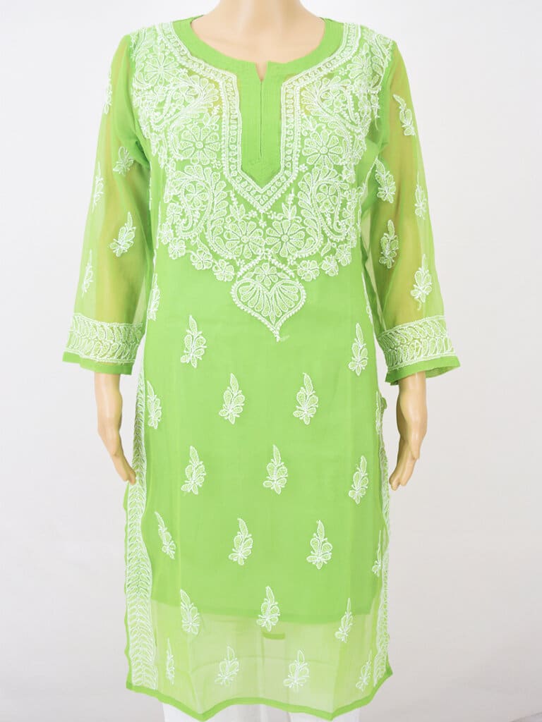 Women Green Lucknowi Chikankaari Gala Boti Georgette Kurta - Front Low