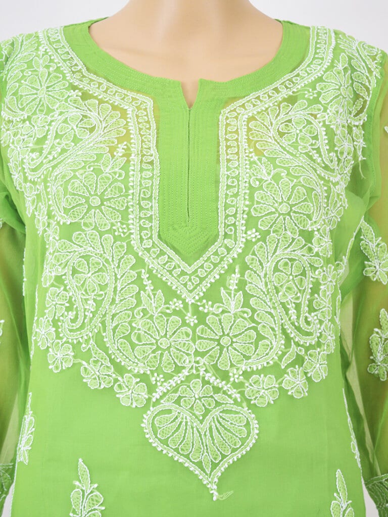 Women Green Lucknowi Chikankaari Gala Boti Georgette Kurta - Front Mid Close