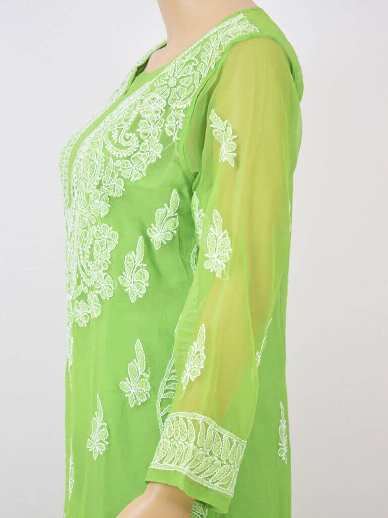 Women Green Lucknowi Chikankaari Gala Boti Georgette Kurta - Side Close