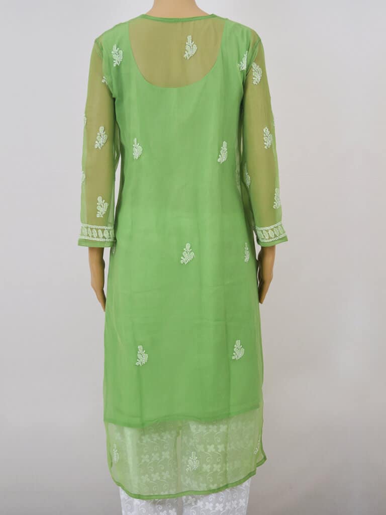 Women Green Lucknowi Chikankari Palti Boti Georgette Kurti - Back Full